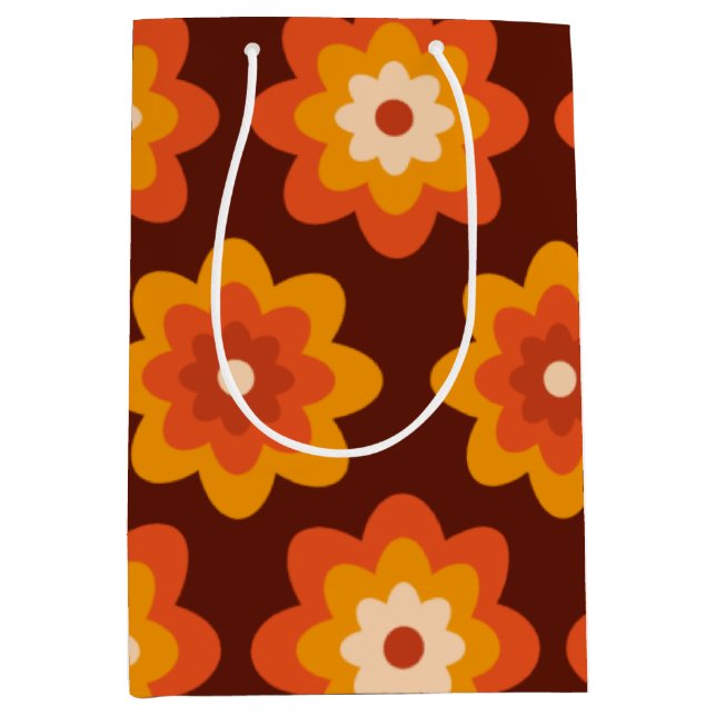 Groovy retro 70s boho hippie orange flower pattern medium gift bag (Front)