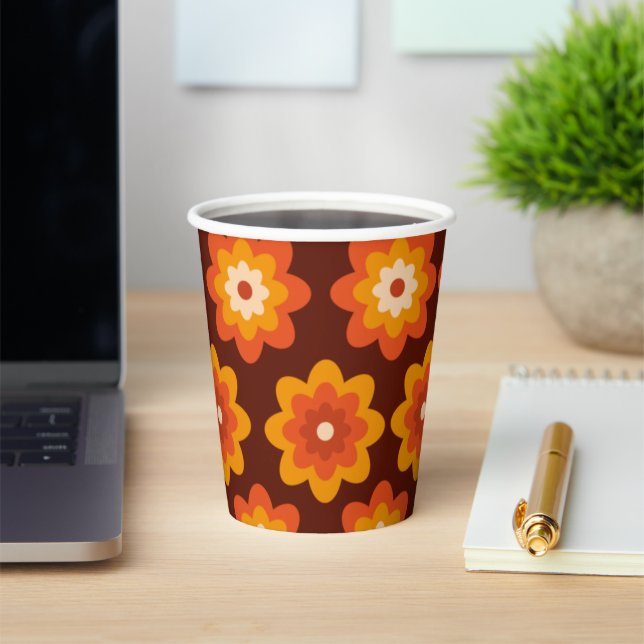 Groovy retro 70s boho hippie orange flower pattern paper cups (Insitu)