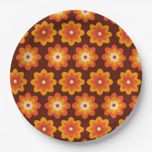 Groovy retro 70s boho hippie orange flower pattern paper plate