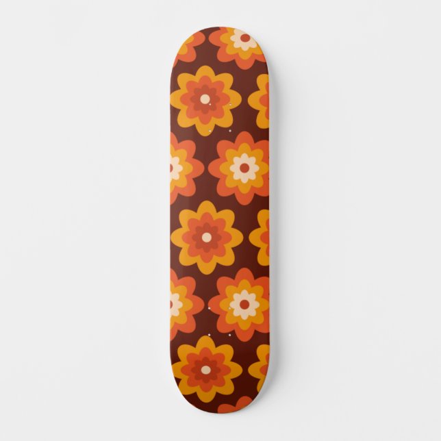 Groovy Retro 70s Boho Hippie Orange Flower pattern Skateboard (Front)