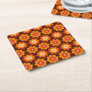 Groovy retro 70s boho hippie orange flower pattern square paper coaster