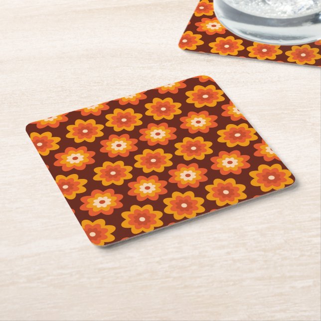 Groovy retro 70s boho hippie orange flower pattern square paper coaster (Angled)