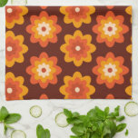 Groovy retro 70s boho hippie orange flower pattern tea towel<br><div class="desc">This is cute groovy retro boho floral pattern in orange,  amber and beige over brown background. It's fun retro 70s flowers design</div>