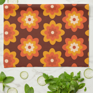 Groovy retro 70s boho hippie orange flower pattern tea towel