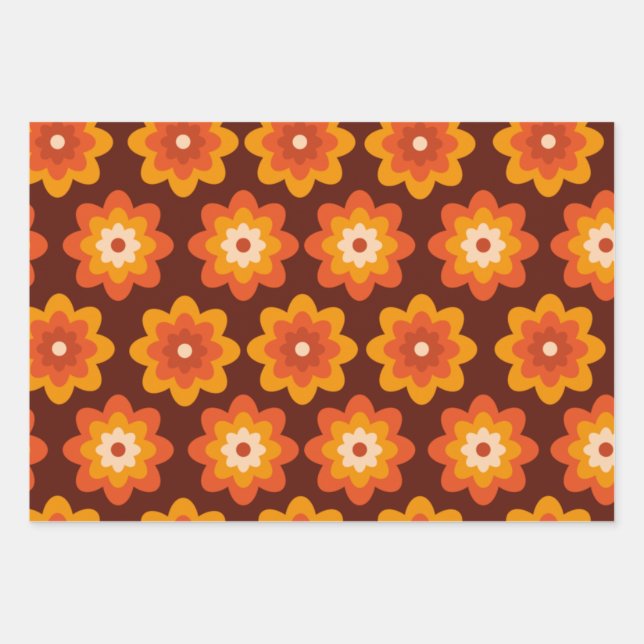 Groovy retro 70s boho hippie orange flower pattern wrapping paper sheet (Front)