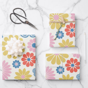 Groovy Retro 70s Colourful Daisy Flowers Pattern Wrapping Paper Sheet