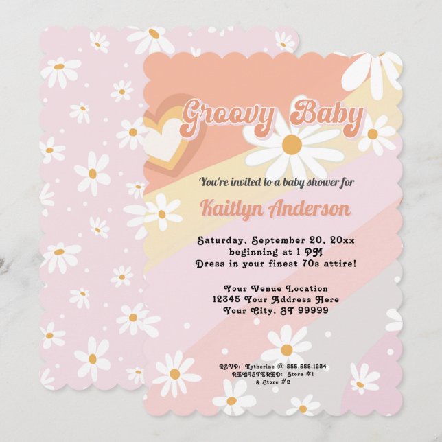 Groovy Retro 70s Daisy Peach Girl Baby Shower Invitation (Front/Back)