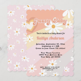 Groovy Retro 70s Daisy Peach Girl Baby Shower Invitation