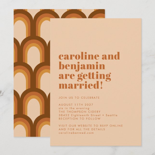Groovy Retro 70s Design Beige Terracotta Wedding Invitation (Front/Back)