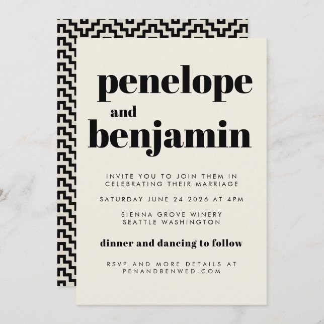 Groovy Retro 70s Design Black All-in-One Wedding Invitation (Front/Back)