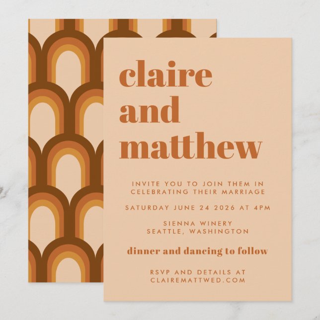 Groovy Retro 70s Design Brown Geometric Wedding Invitation (Front/Back)