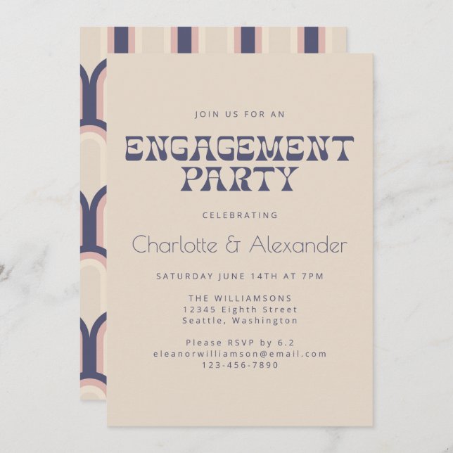 Groovy Retro 70s Design in Blue Engagement Party Invitation (Front/Back)