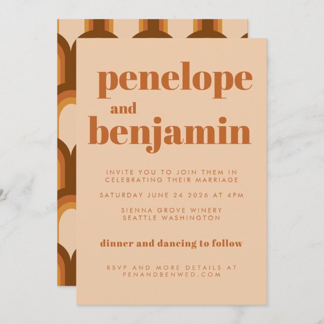 Groovy Retro 70s Design in Brown and Sand Wedding  Invitation (Front/Back)