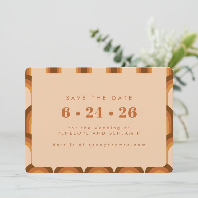 Groovy Retro 70s Design in Brown and Tan Wedding Save The Date (Standing Front)