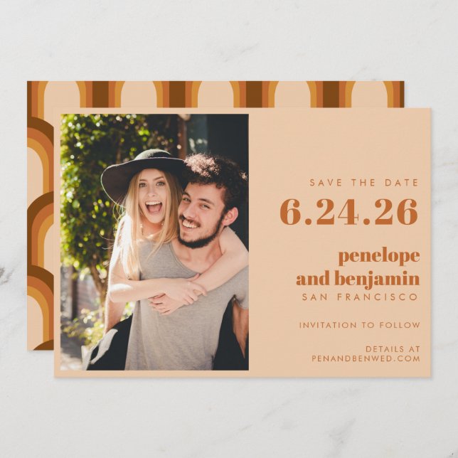 Groovy Retro 70s Design in Brown PHOTO Wedding Save The Date (Front/Back)