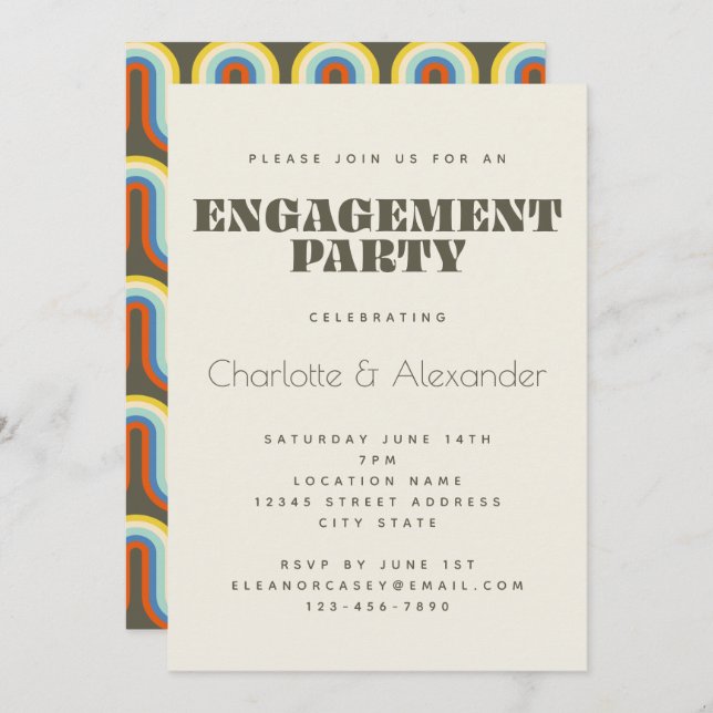 Groovy Retro 70s Design in Olive Engagement Party Invitation (Front/Back)