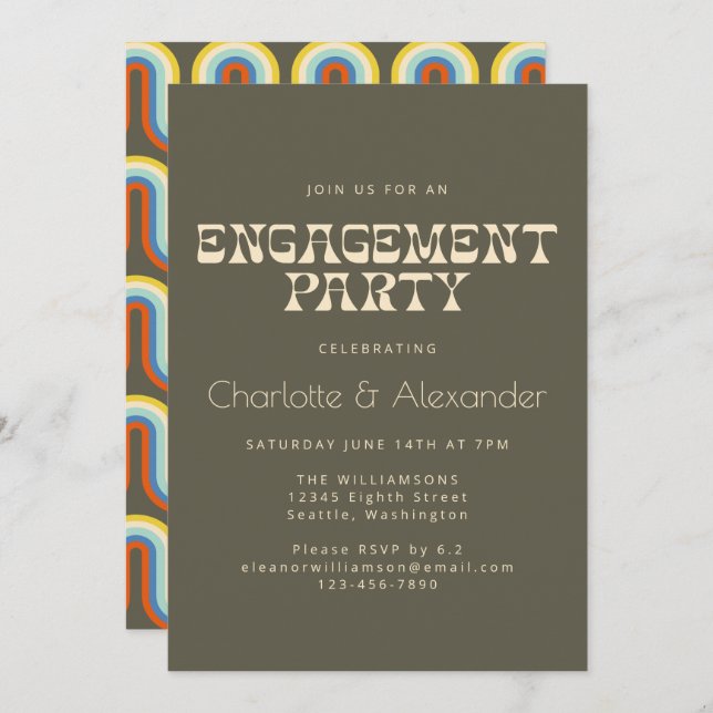 Groovy Retro 70s Design in Olive Engagement Party Invitation (Front/Back)