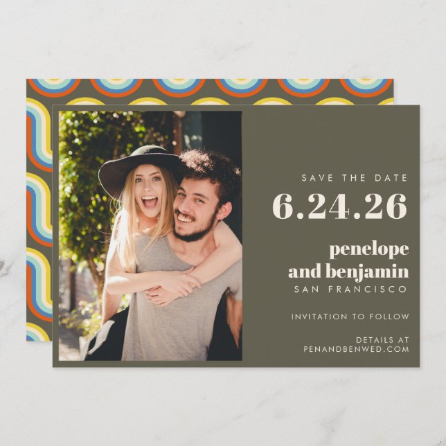 Groovy Retro 70s Design in Olive PHOTO Wedding Save The Date (Front/Back)