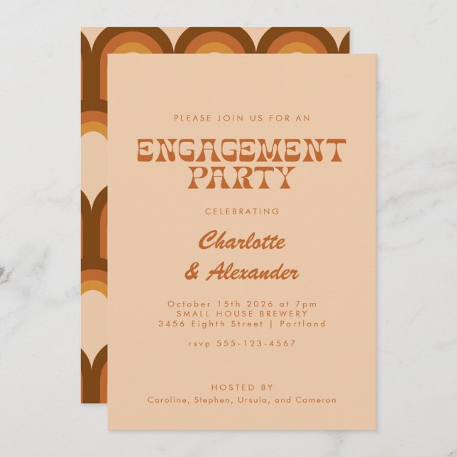 Groovy Retro 70s Design Tan Engagement Host Party Invitation (Front/Back)