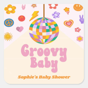 Groovy Retro 70's Disco Ball Baby Shower Favour Square Sticker