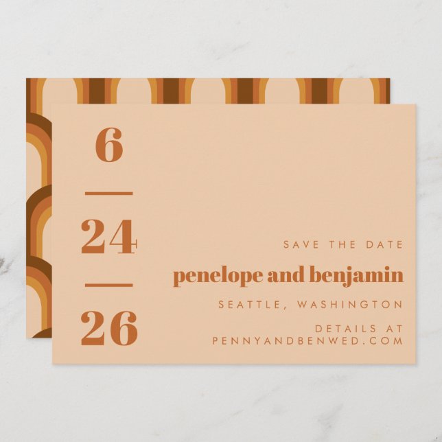 Groovy Retro 70s Earthy Brown Neutrals Mod Wedding Save The Date (Front/Back)
