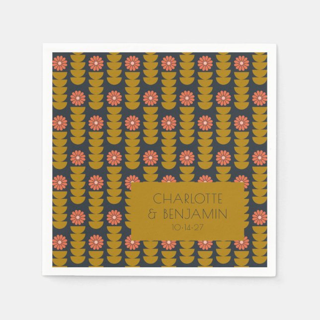 Groovy Retro 70s Floral Gold Blue Custom Wedding Napkin (Front)