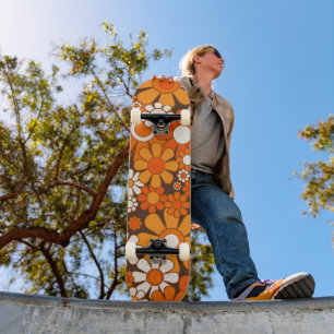 Groovy Retro 70s Floral Pattern Orange and Brown Skateboard