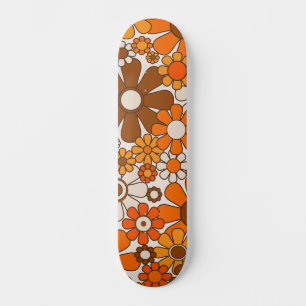 Groovy Retro 70s Floral Pattern Orange and Brown Skateboard