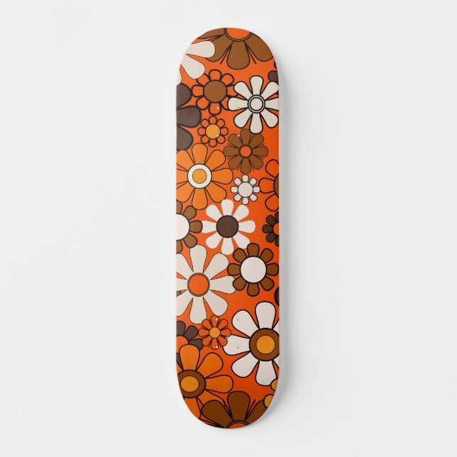 Groovy Retro 70s Floral Pattern Orange and Brown Skateboard (Front)