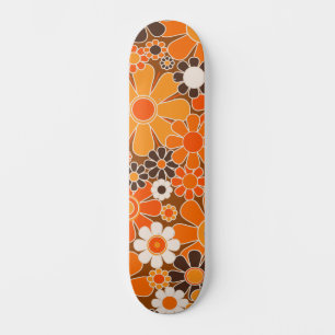 Groovy Retro 70s Floral Pattern Orange and Brown Skateboard