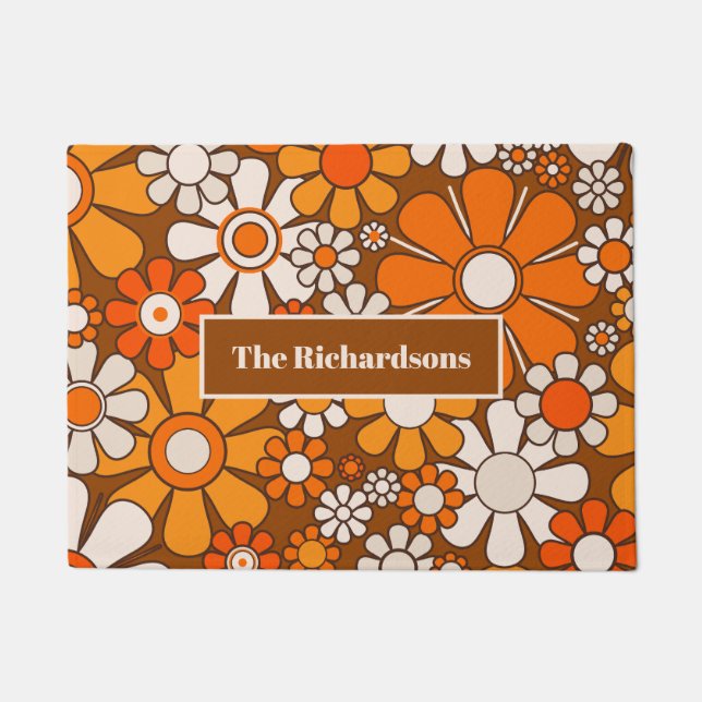 Groovy Retro 70s Floral Pattern Personalised Doormat (Front)