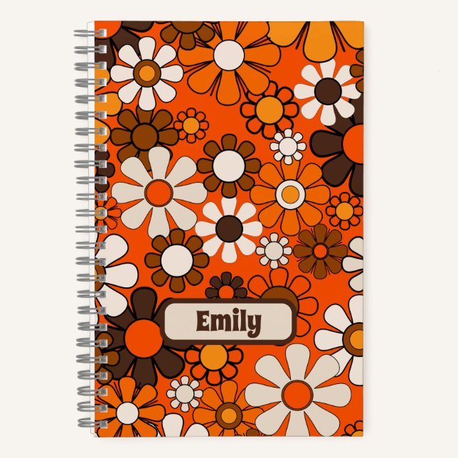 Groovy Retro 70s Floral Personalised Brown Orange Notebook (Front)