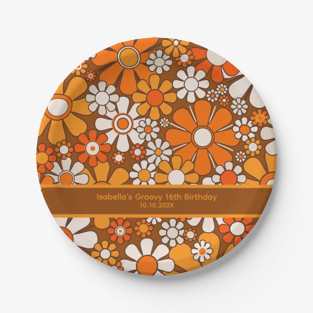 Groovy Retro 70s Floral Personalised Paper Plate (Front)