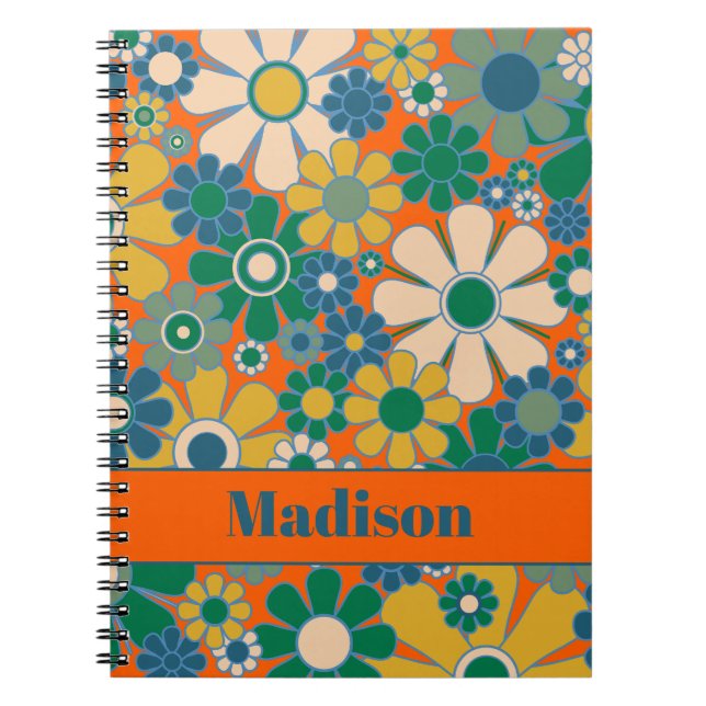 Groovy Retro 70s Flower Girl Floral Pattern Notebook (Front)