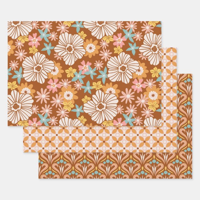 Groovy Retro 70s Flowers and Geometric Patterns Wrapping Paper Sheet (Set)