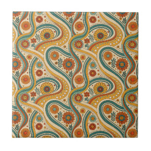 Groovy Retro 70s Flowers & Swirls Floral Pattern Tile
