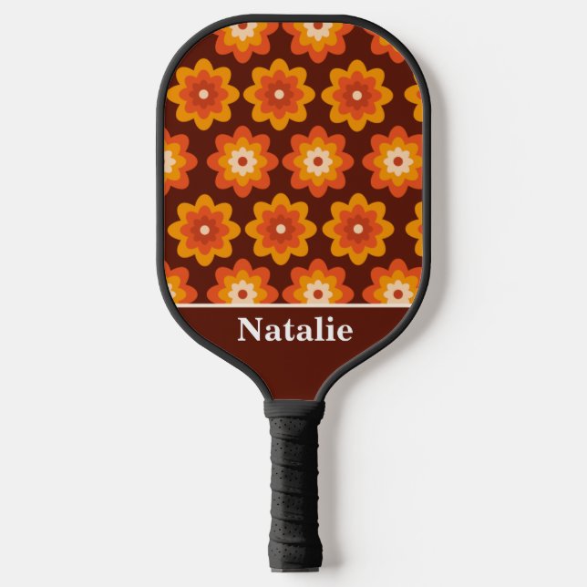 Groovy retro 70s hippie orange flower Personalised Pickleball Paddle (Front)
