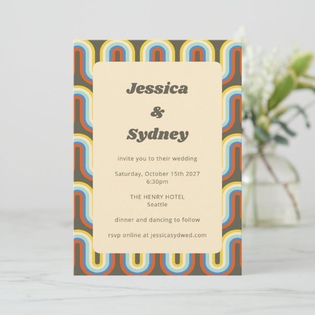 Groovy Retro 70s Olive Green Unique Wedding Invitation (Standing Front)