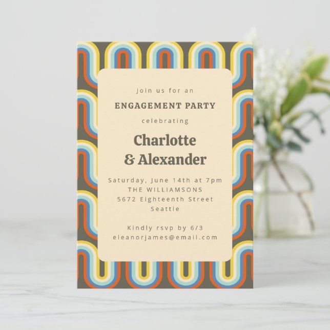 Groovy Retro 70s Olive Pattern Engagement Party Invitation (Standing Front)