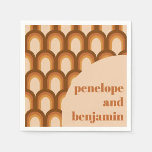 Groovy Retro 70s Pattern Brown Custom Name Wedding Napkin