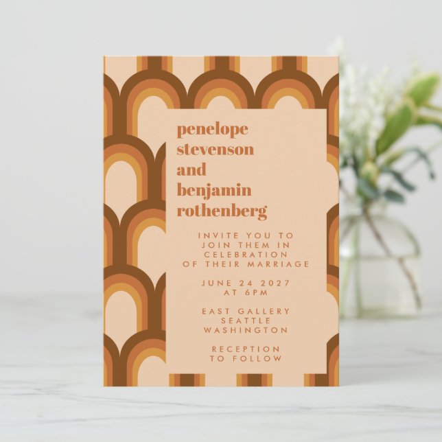 Groovy Retro 70s Pattern Design in Brown Wedding I Invitation (Standing Front)