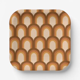 Groovy Retro 70s Pattern Design in Brown Wedding  Paper Plate