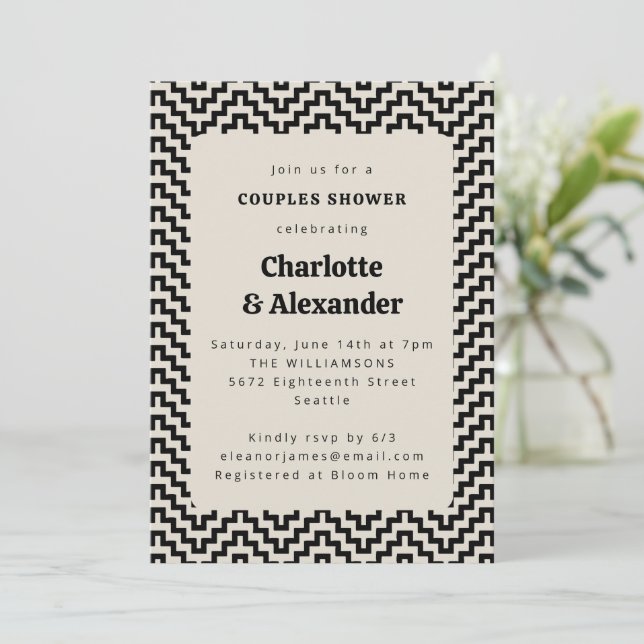 Groovy Retro 70s Pattern in Black Couples Shower Invitation (Standing Front)