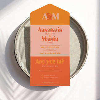 Groovy Retro 70s Peach Orange Bold Wedding All In One Invitation