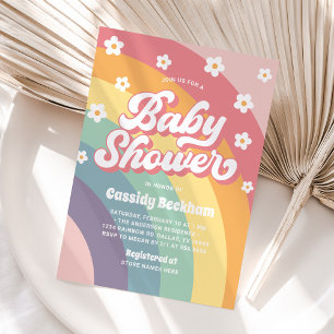 Groovy Retro 70s Rainbow Baby Shower Invitation
