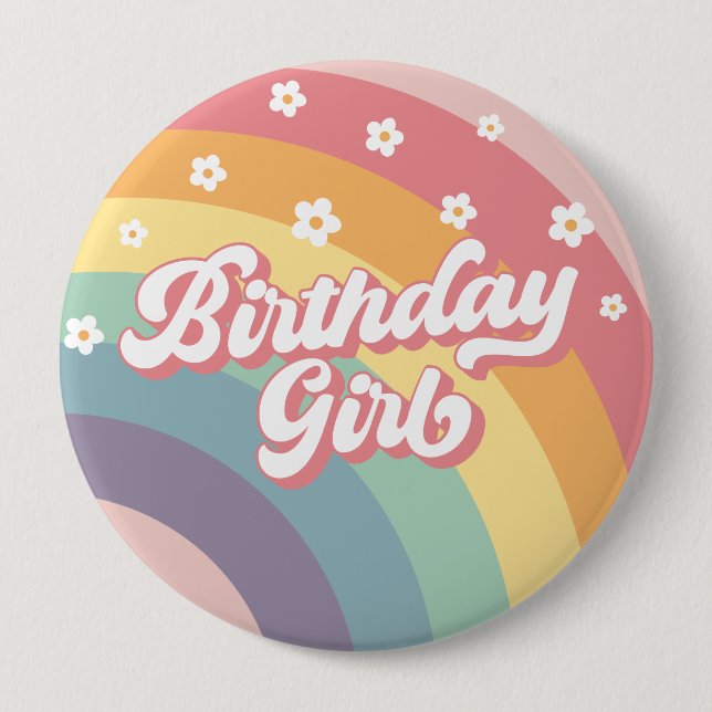 Groovy Retro 70s Rainbow Birthday Girl 10 Cm Round Badge (Front)