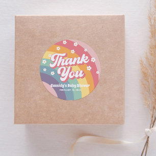 Groovy Retro 70s Rainbow Daisy Baby Shower  Classic Round Sticker
