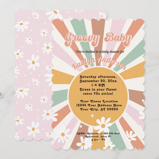Groovy Retro 70s Sunshine Daisy Girl Baby Invitation (Front/Back)