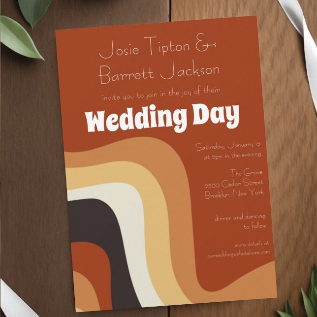 Groovy Retro 70s Wavy Burnt Orange Brown Wedding Invitation (Creator Uploaded)