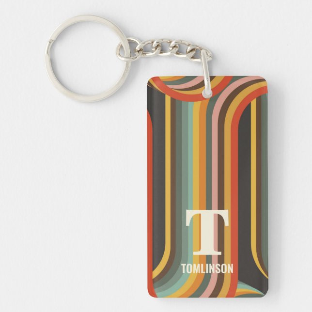 Groovy Retro Abstract Lines Monogram Key Ring (Front)